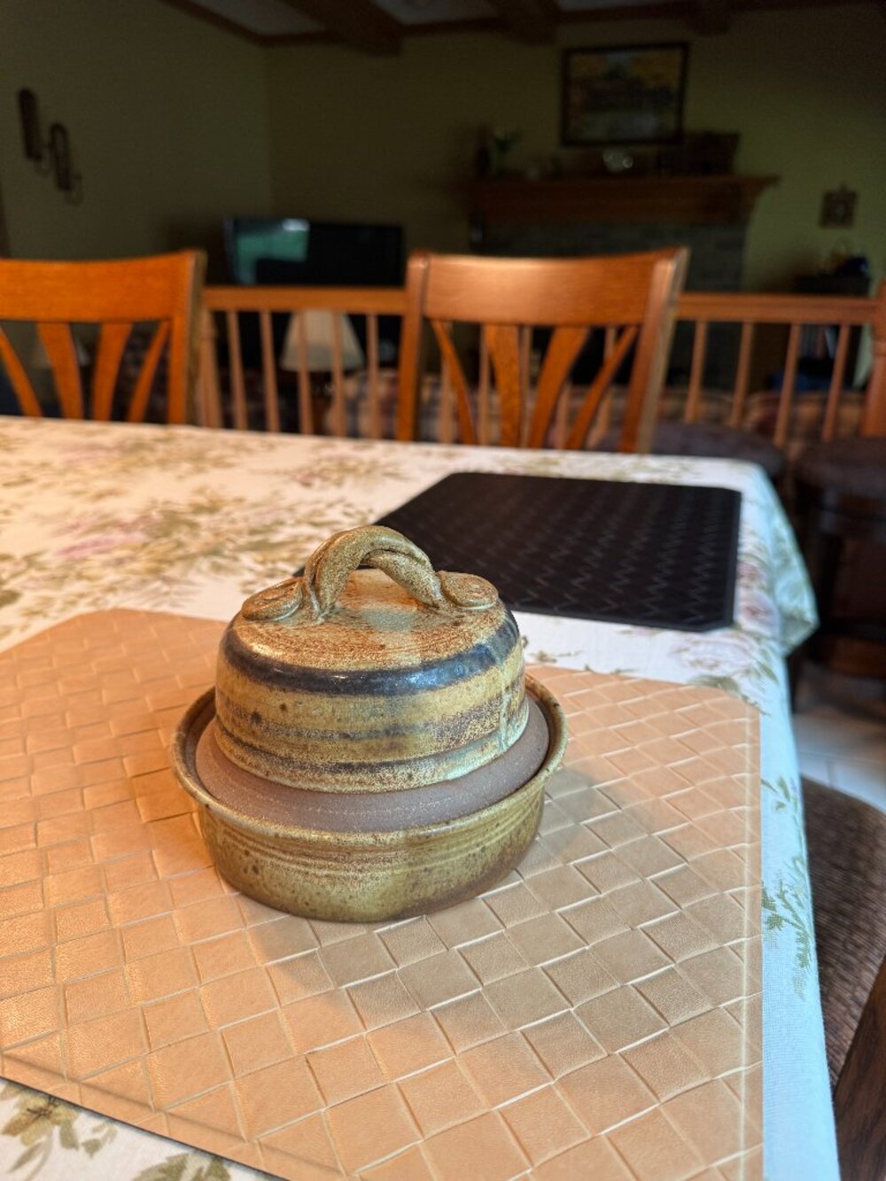 Zappa Pottery Butter Dish Handmade Stoneware 6 1/2" x 5 3/4" Brown/Tan Signed